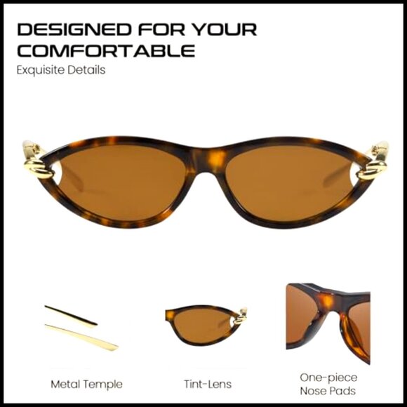 Gold Cat Eye Sunglasses with Metal Temples, UV Protection main image 6
